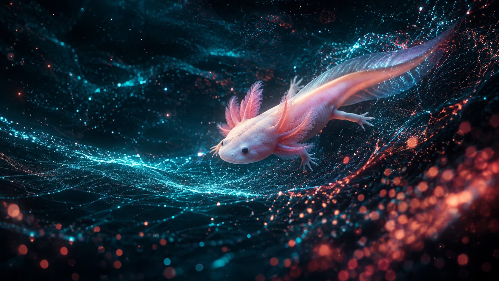 A coral axolotl swimming through luminous particles in a dark three-dimensional field