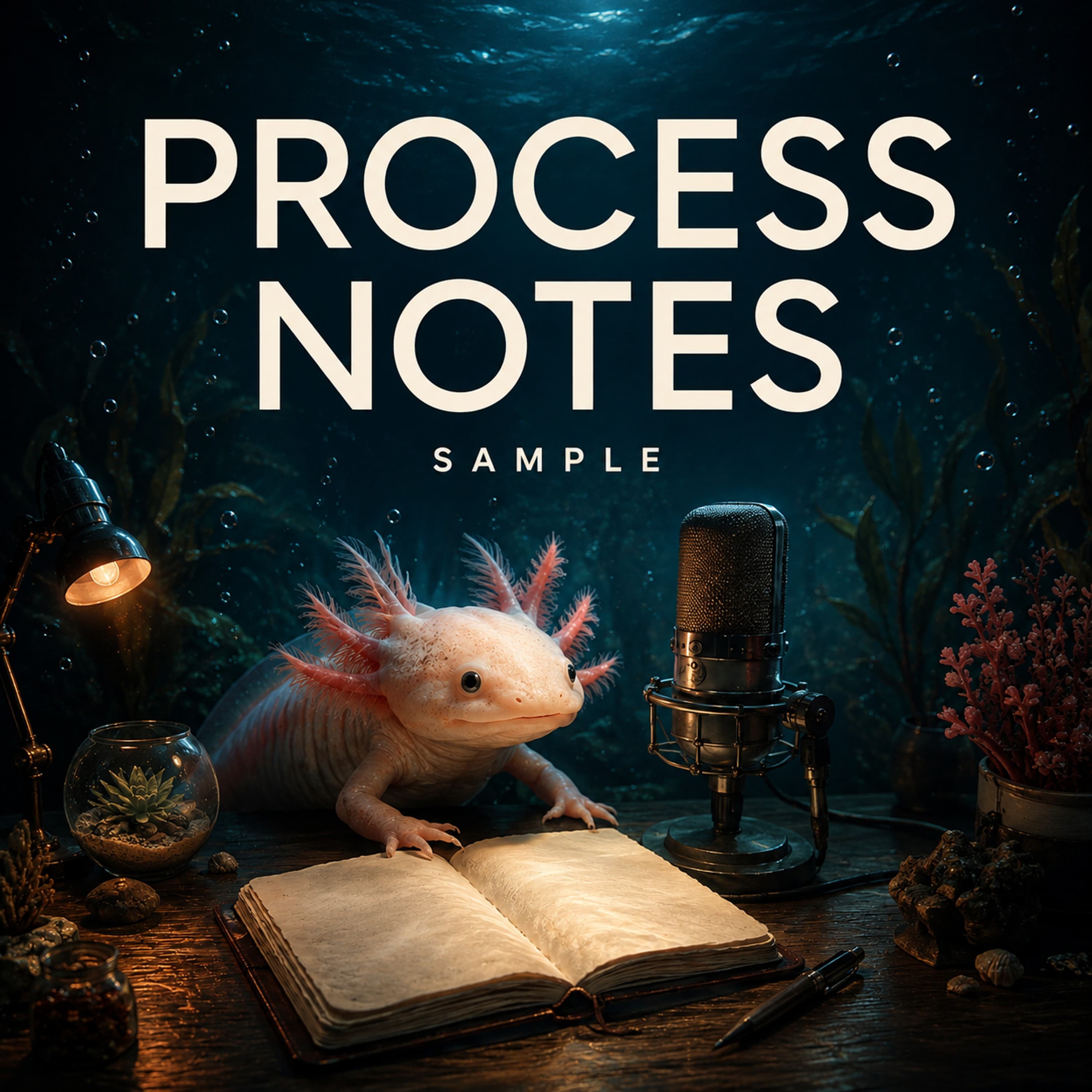 Process Notes Sample lettering above a coral axolotl, microphone, and open notebook in a warmly lit underwater studio